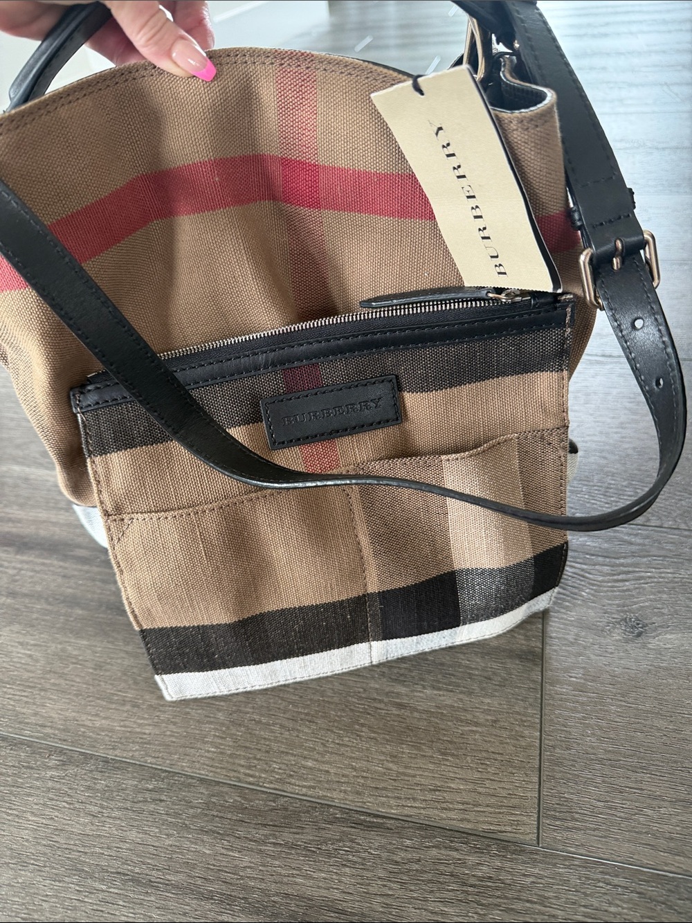 Burberry Tan Check Canvas Messenger Bag with Black Trim and Red Accent